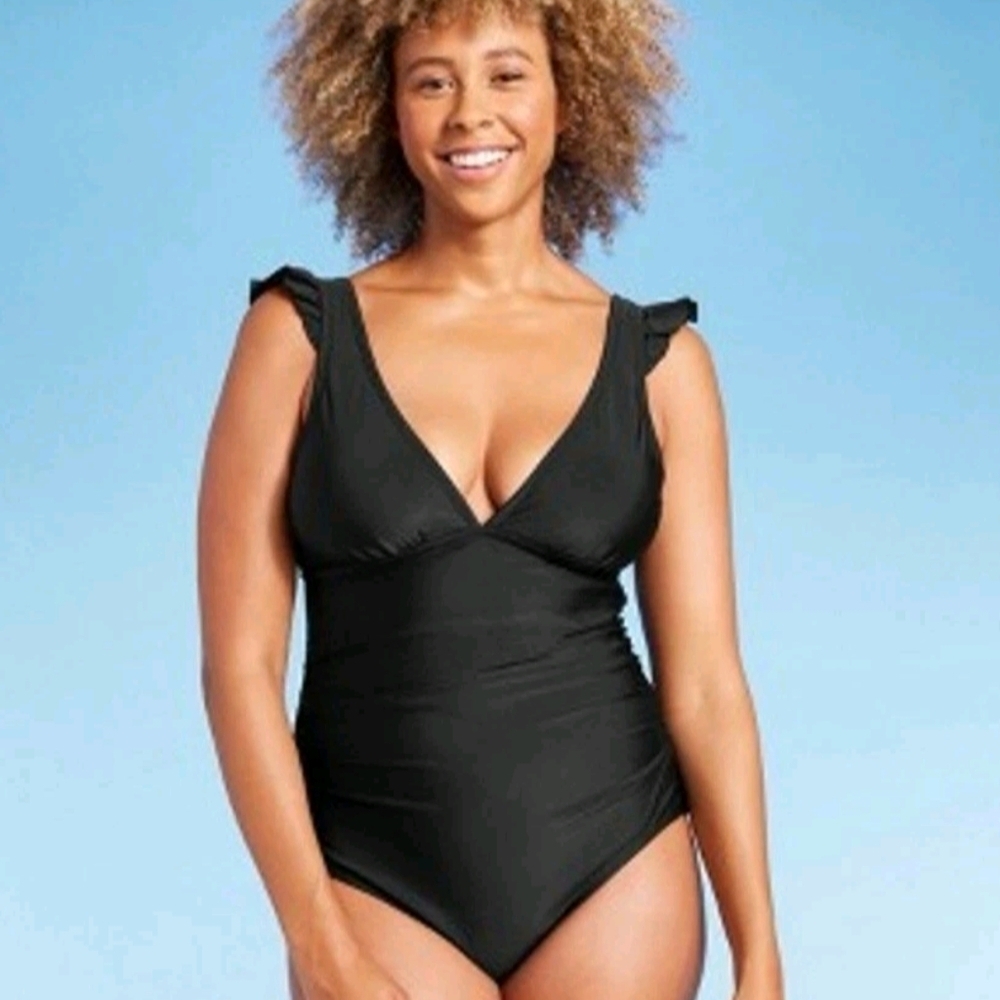 Women's Stylish Black Frill SleeveTummy Control One Piece Swimsuit - Size XL NWT